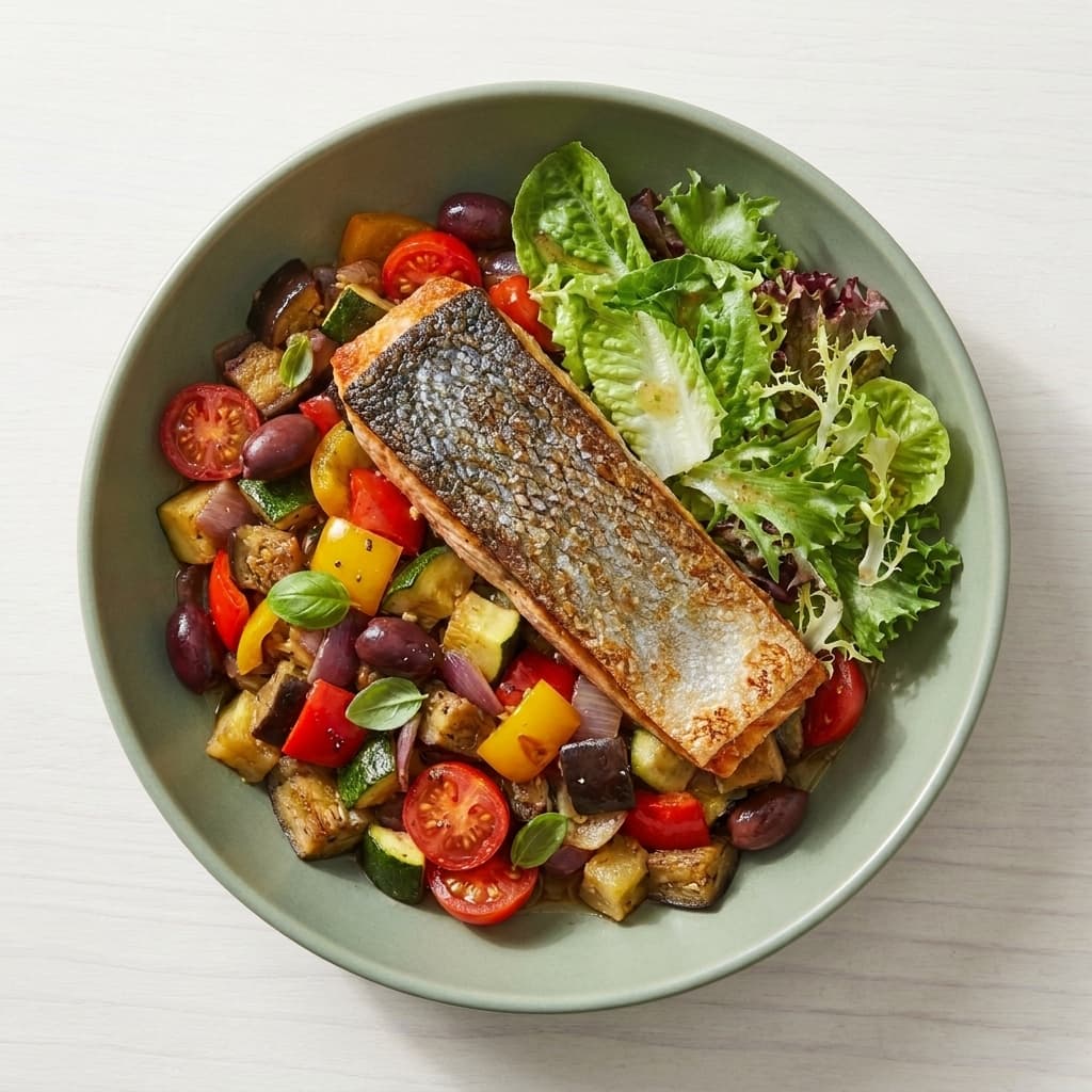 Gebratenes Lachsfilet auf mediterranem Gemüse & frischem Blattsalat – frisch gekochtes Tagesgericht von Topf & Deckel Wien