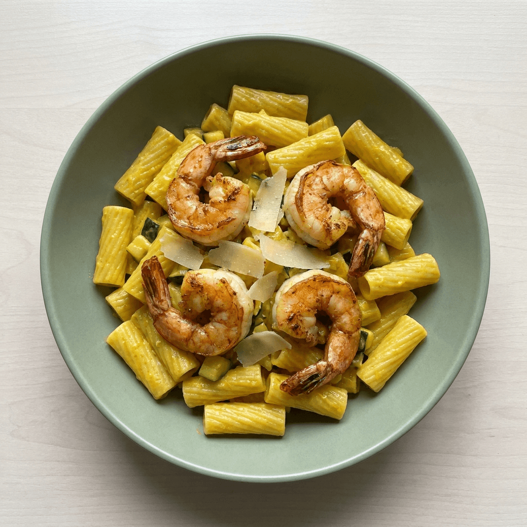 Garnelen Zitronen Pasta mit Zucchini & gehobeltem Parmesan