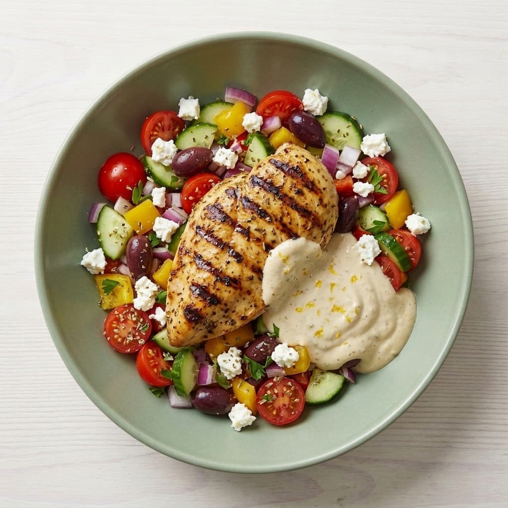 Gegrilltes Hühnerfilet auf griechischem Bauernsalat